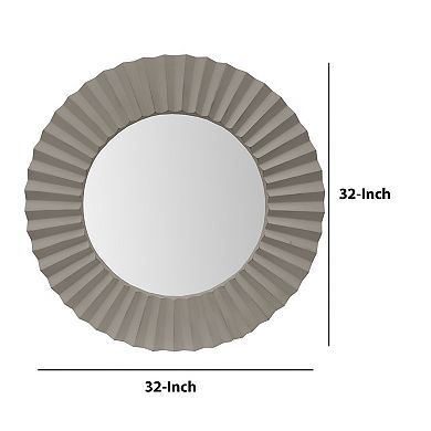 32 Inch Round Beveled Floating Wall Mirror with Corrugated Design Wooden Frame, Gray