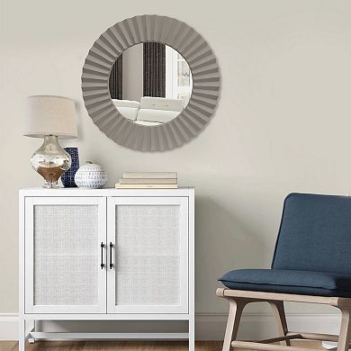 32 Inch Round Beveled Floating Wall Mirror with Corrugated Design Wooden Frame, Gray