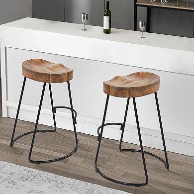 Ela 24 Inch Counter Height Stool, Mango Wood Saddle Seat, Iron Frame, Brown and Black