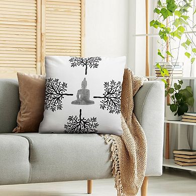 18 x 18 Square Cotton Accent Throw Pillow, Meditating Buddha, Tree Print, White, Black