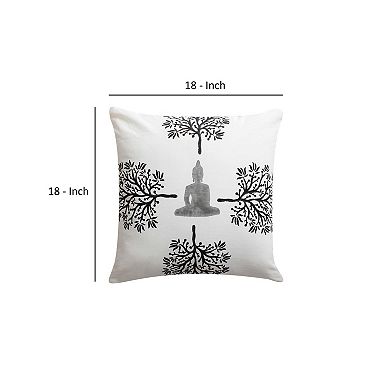 18 x 18 Square Cotton Accent Throw Pillow, Meditating Buddha, Tree Print, White, Black