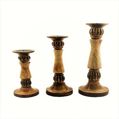 Benzara Mango Wood Vintage Style Candleholder/Candlestick, Set of 3, Brown