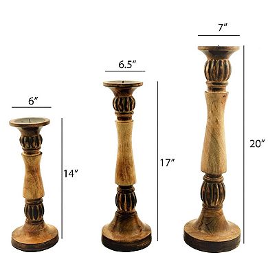 Benzara Mango Wood Vintage Style Candleholder/Candlestick, Set of 3, Brown