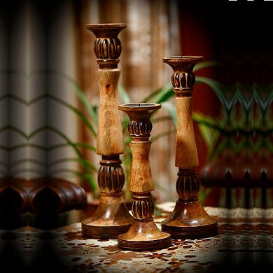 Benzara Mango Wood Vintage Style Candleholder/Candlestick, Set of 3, Brown