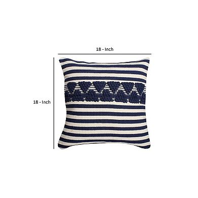18 x 18 Handwoven Square Cotton Accent Throw Pillow, Classic Striped Pattern, Textured, White, Blue