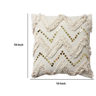 18 x 18 Square Polycotton Handwoven Accent Throw Pillow, Fringed, Sequins, Chevron Design, Off White