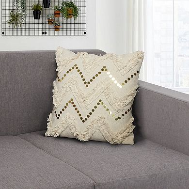 18 x 18 Square Polycotton Handwoven Accent Throw Pillow, Fringed, Sequins, Chevron Design, Off White