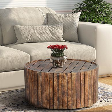 34 Inch Handmade Wooden Round Coffee Table with Plank Design, Burned Brown