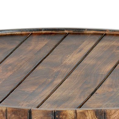 34 Inch Handmade Wooden Round Coffee Table with Plank Design, Burned Brown