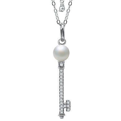Aleure Precioso Sterling Silver Cubic Zirconia Key Pendant with Freshwater Cultured Pearl Top