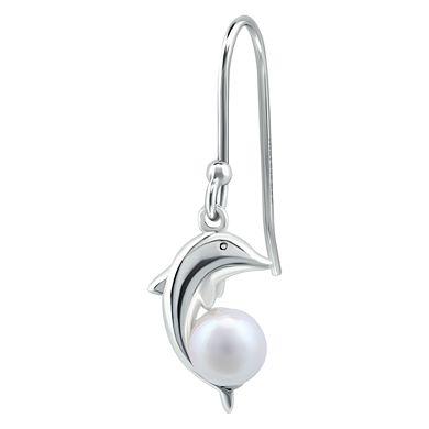 Aleure Precioso Sterling Silver Dolphin & Freshwater Cultured Pearl Drop Fishhook Earrings
