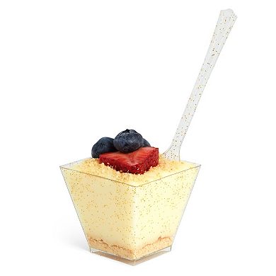 200-Pack Gold Glitter Square Dessert Cups with Spoons, 100 Disposable Mini Dessert Shooter Cups with 100 Spoons for Events, Appetizers, Tasting Party, Snacks, Parfait (2 oz)