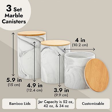 Set Of 3 Marble Kitchen Canisters With Bamboo Lids, Small White Ceramic Jars In 3 Sizes