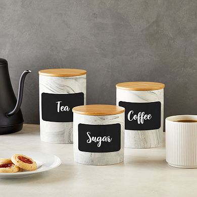 Set Of 3 Marble Kitchen Canisters With Bamboo Lids, Small White Ceramic Jars In 3 Sizes