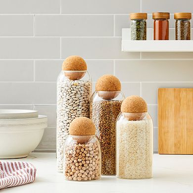 Set of 4 Cork Ball Lid Glass Jars, Tall Food Storage Containers for Pantry, Coffee Storage (4 Sizes)