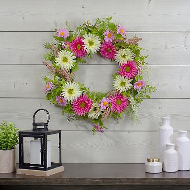 Chrysanthemum and Berry Floral Spring Wreath  Pink and Yellow 23"