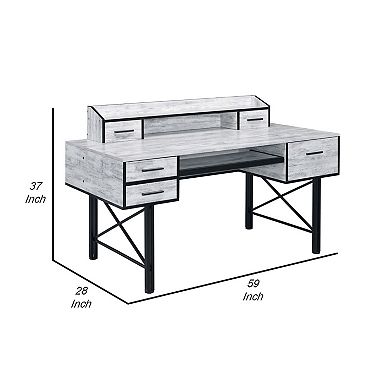 Computer Desk with 5 Drawers and Grains, Antique White and Black