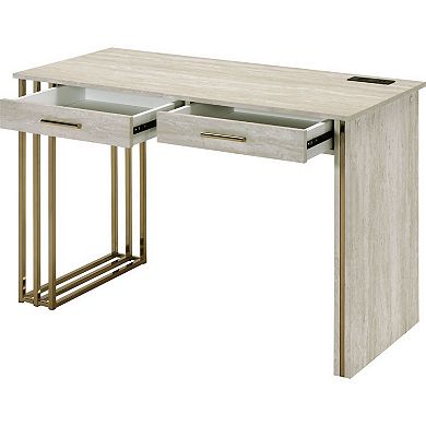 Writing Desk with 2 Drawers and Built in USB Port, Oak White and Gold