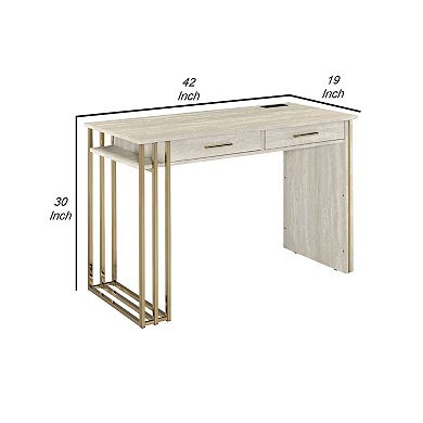 Writing Desk with 2 Drawers and Built in USB Port, Oak White and Gold