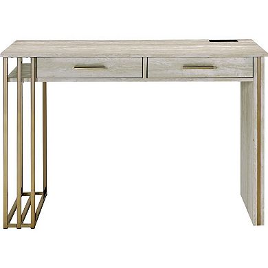 Writing Desk with 2 Drawers and Built in USB Port, Oak White and Gold