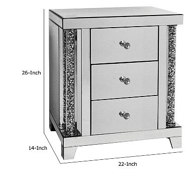 Noe 26 Inch 3 Drawer Accent Table Nightstand, Mirrored, Faux Diamond Inlay, Silver