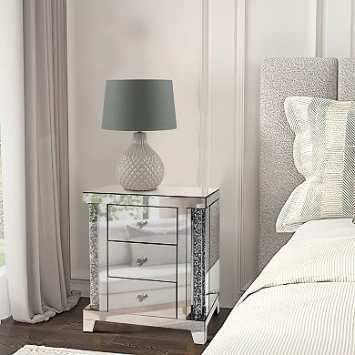 Noe 26 Inch 3 Drawer Accent Table Nightstand, Mirrored, Faux Diamond Inlay, Silver