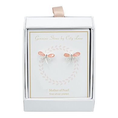 City Luxe Silver Tone Genuine Mother of Pearl & Cubic Zirconia Dragonfly Stud Earrings 