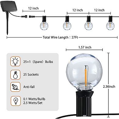 27Ft G40 Solar String Lights Outdoor Waterproof Globe Lights With 4 Lighting Modes Shatterproof LED Bulbs - (27ft)