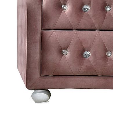 Rex 17 Inch Modern Upholstered Nightstand, 2 Drawer, Crystal Handles, Pink