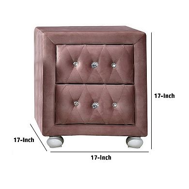 Rex 17 Inch Modern Upholstered Nightstand, 2 Drawer, Crystal Handles, Pink