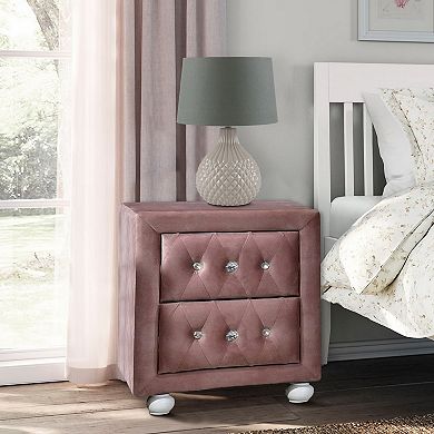 Rex 17 Inch Modern Upholstered Nightstand, 2 Drawer, Crystal Handles, Pink