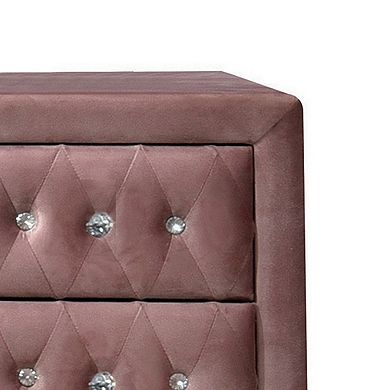 Rex 17 Inch Modern Upholstered Nightstand, 2 Drawer, Crystal Handles, Pink