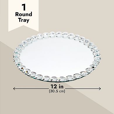 Crystal Bead Serving Tray, Round Mirrored Decorative Platter For Home ,12.2 Inch