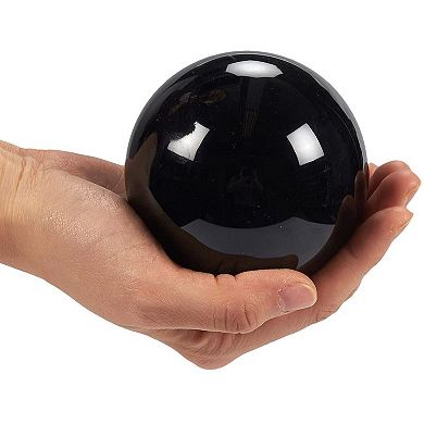 Small Black Obsidian Sphere, Decorative Crystal Ball with Stand for Meditation, Healing, Feng Shui (80mm / 3.15 In)