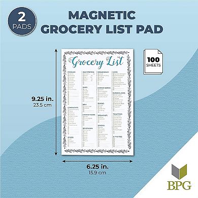 Magnetic Grocery List Pad for Fridge (100 Sheets, 9.25 x 6.25 In, 2 Pack)