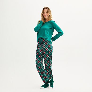 Petite Croft & Barrow® Brushed Knit Long Sleeve Pajama Top & Pajama Pants Sleep Set