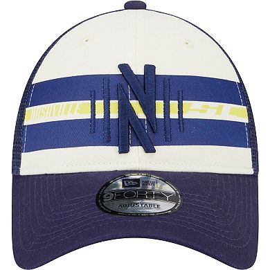 Men's New Era White/Navy Nashville SC Team Stripes 9FORTY Trucker Snapback Hat