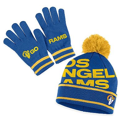 Women's WEAR by Erin Andrews Royal Los Angeles Rams Double Jacquard Cuffed Knit Hat with Pom and Gloves Set