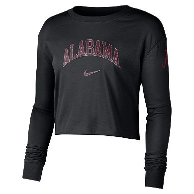 Women's Nike Black Alabama Crimson Tide 2-Hit Cropped Long Sleeve Logo T-Shirt