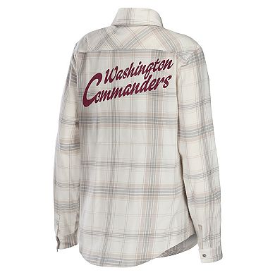 Women's WEAR by Erin Andrews Cream/Gray Washington Commanders Plaid Flannel Tri-Blend Long Sleeve Button-Up Shirt