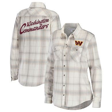 Women's WEAR by Erin Andrews Cream/Gray Washington Commanders Plaid Flannel Tri-Blend Long Sleeve Button-Up Shirt