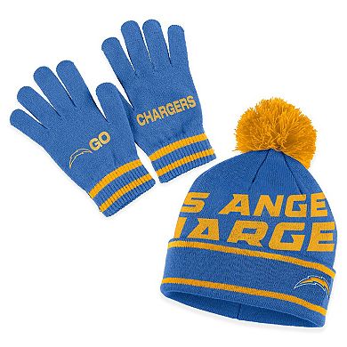 Women's WEAR by Erin Andrews Powder Blue Los Angeles Chargers Double Jacquard Cuffed Knit Hat with Pom and Gloves Set