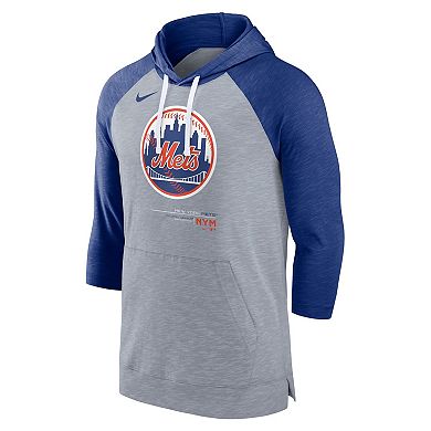 Men's Nike Heather Gray/Heather Royal New York Mets Baseball Raglan 3/4-Sleeve Pullover Hoodie