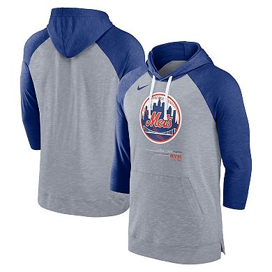 Men's Nike Heather Gray/Heather Royal New York Mets Baseball Raglan 3/4-Sleeve Pullover Hoodie