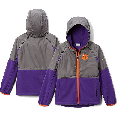 Youth Columbia Gray/Purple Clemson Tigers Flanker Overlay Raglan Full-Zip Hoodie
