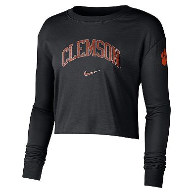 Women's Nike Black Clemson Tigers 2-Hit Cropped Long Sleeve Logo T-Shirt