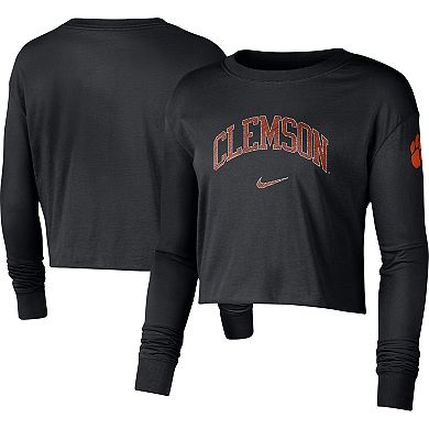 Women's Nike Black Clemson Tigers 2-Hit Cropped Long Sleeve Logo T-Shirt