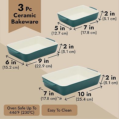 3 Pieces Ceramic Bakeware Set, Porcelain Casserole Dishes for Baking (Green, 3 Rectangular Sizes)