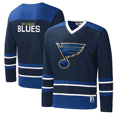 Men's Starter Navy/Blue St. Louis Blues Cross Check Jersey V-Neck Long Sleeve T-Shirt