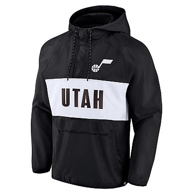 Men's Fanatics Branded Black/White Utah Jazz Team Leader Iconic Colorblock Anorak Raglan Quarter-Zip Hoodie